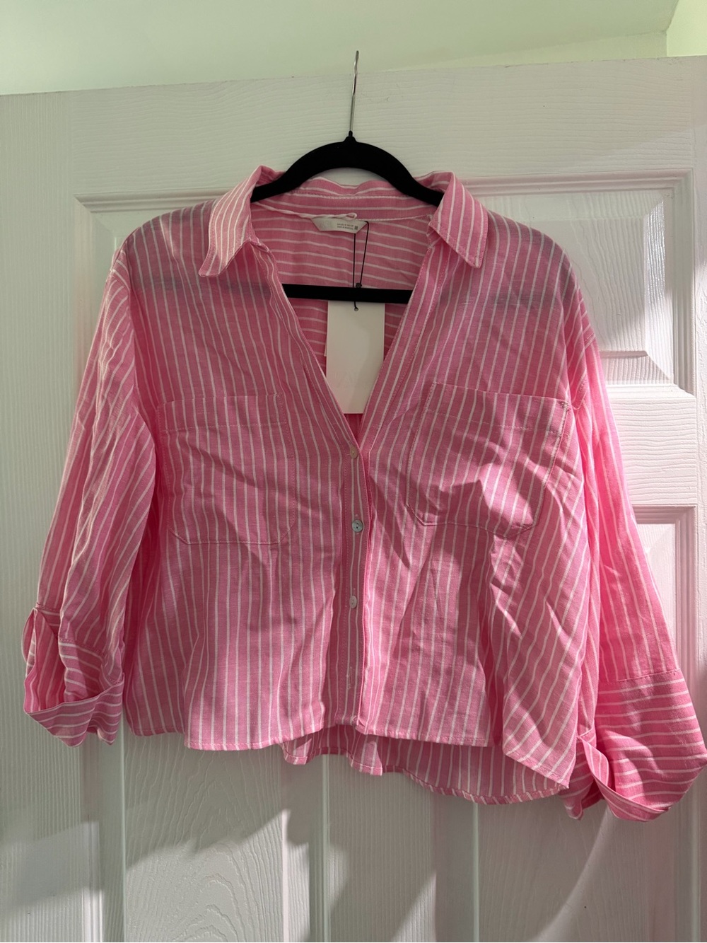 Zara Pink and White Striped Button-Down Shirt